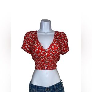 Red floral button up crop top